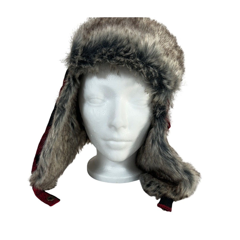 Broner Red Black Buffalo Plaid Trapper Hat Faux Fur Trim Winter Aviator OSFM NEW